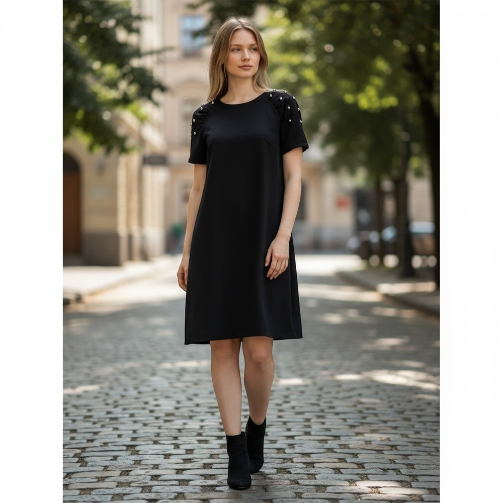 Betsey Johnson Womens 8 Dress Black‎ Studded Pearl Sleeve Shift Mini